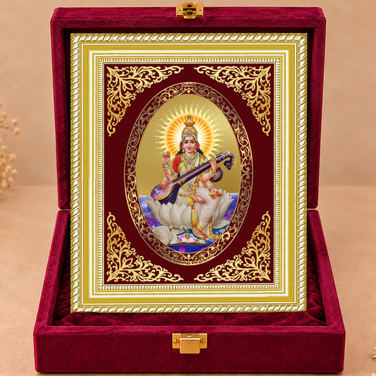 24K Gold-Plated Saraswati Mata Frame | Premium Gift Box | 26x20 CM