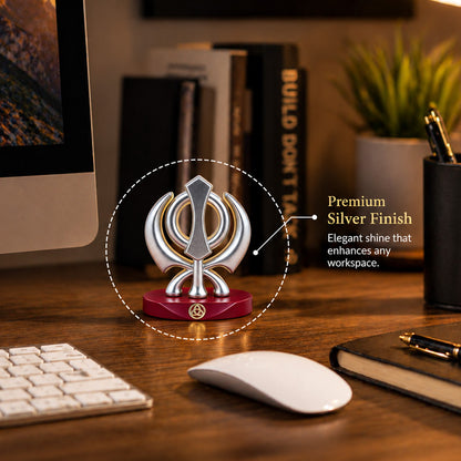 Silver-Plated Khanda Sahib Resin Idol for Car Dashboard & Home | Premium Gift Box | 7.5x5.5 CM