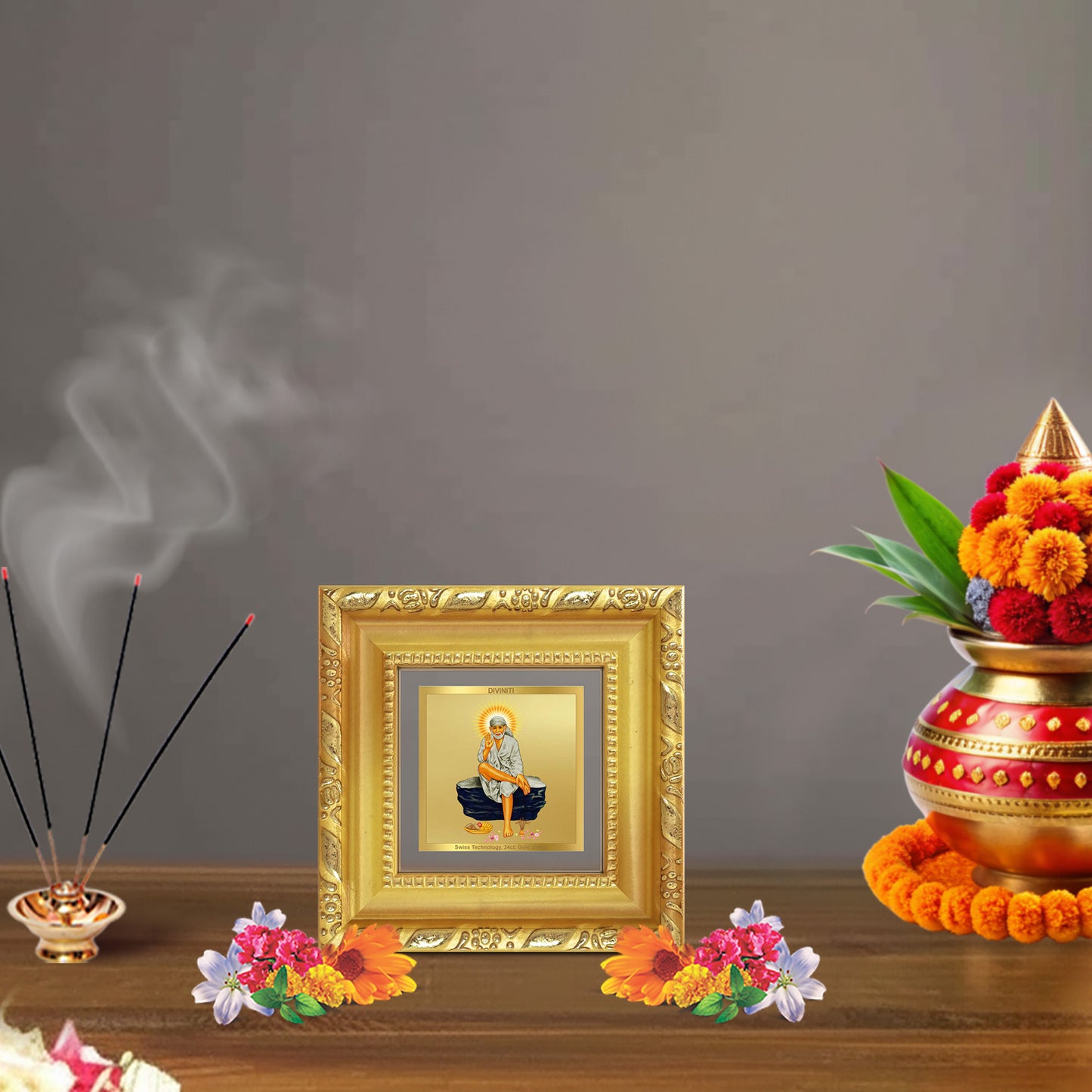 Diviniti Sai Baba of Shirdi Tabletop Photo Frame in 24K Gold Plated Foil | Faith, Peace & Divine Blessings | DG103S1A (10x10 CM)