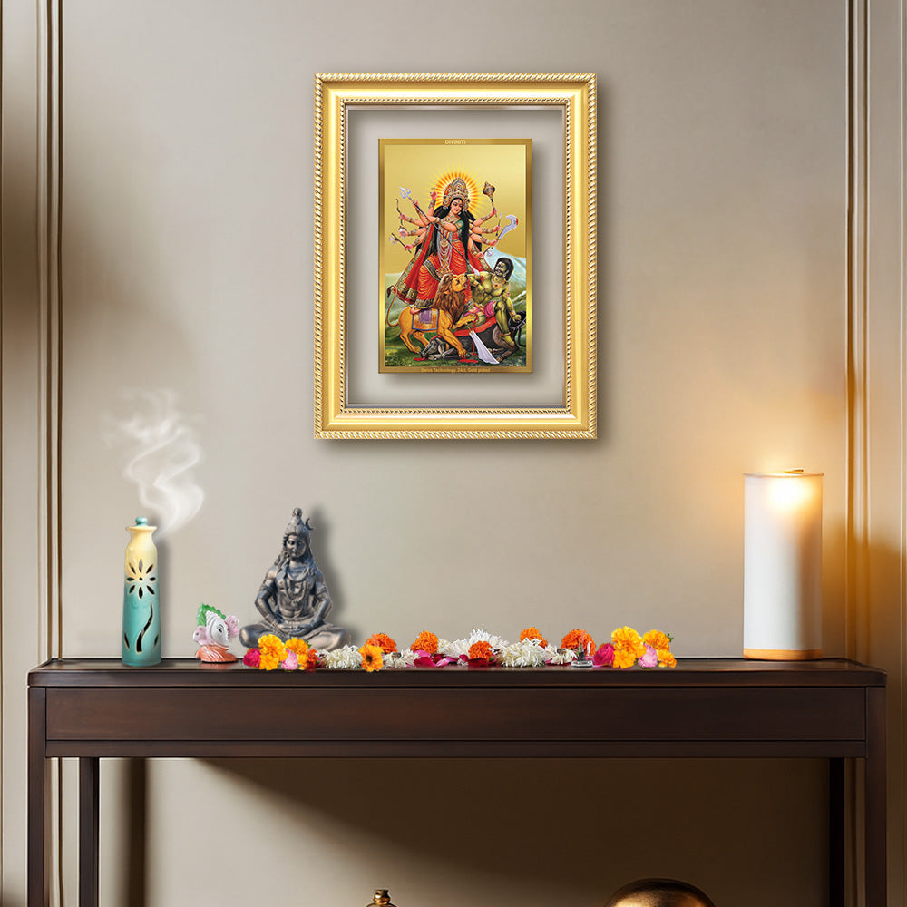 Diviniti 24K Gold Plated Durga - Mahishasura Mardini (Classic) Divine Wall Frame for Home Mandir & Office Decor | Luxury Spiritual Gift