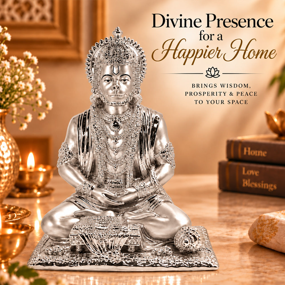 999 Silver-Plated Meditating Lord Hanuman Idol | Premium Gift Box | 20x16 CM
