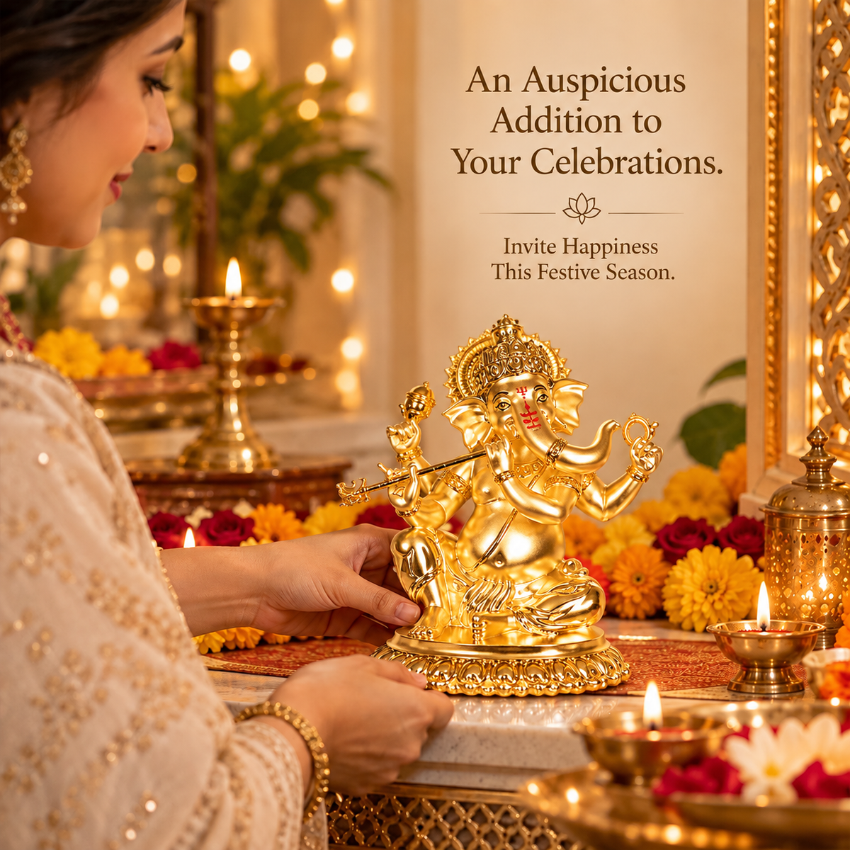 24K Gold-Plated Bansuri Ganesha Idol | Premium Gift Box | 16x14 CM
