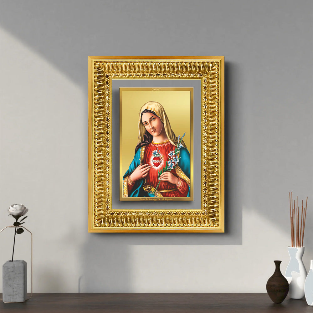 Diviniti 24K Gold Plated Mother Mary (Classic) Divine Wall Frame for Home Mandir & Office Decor | Luxury Spiritual Gift