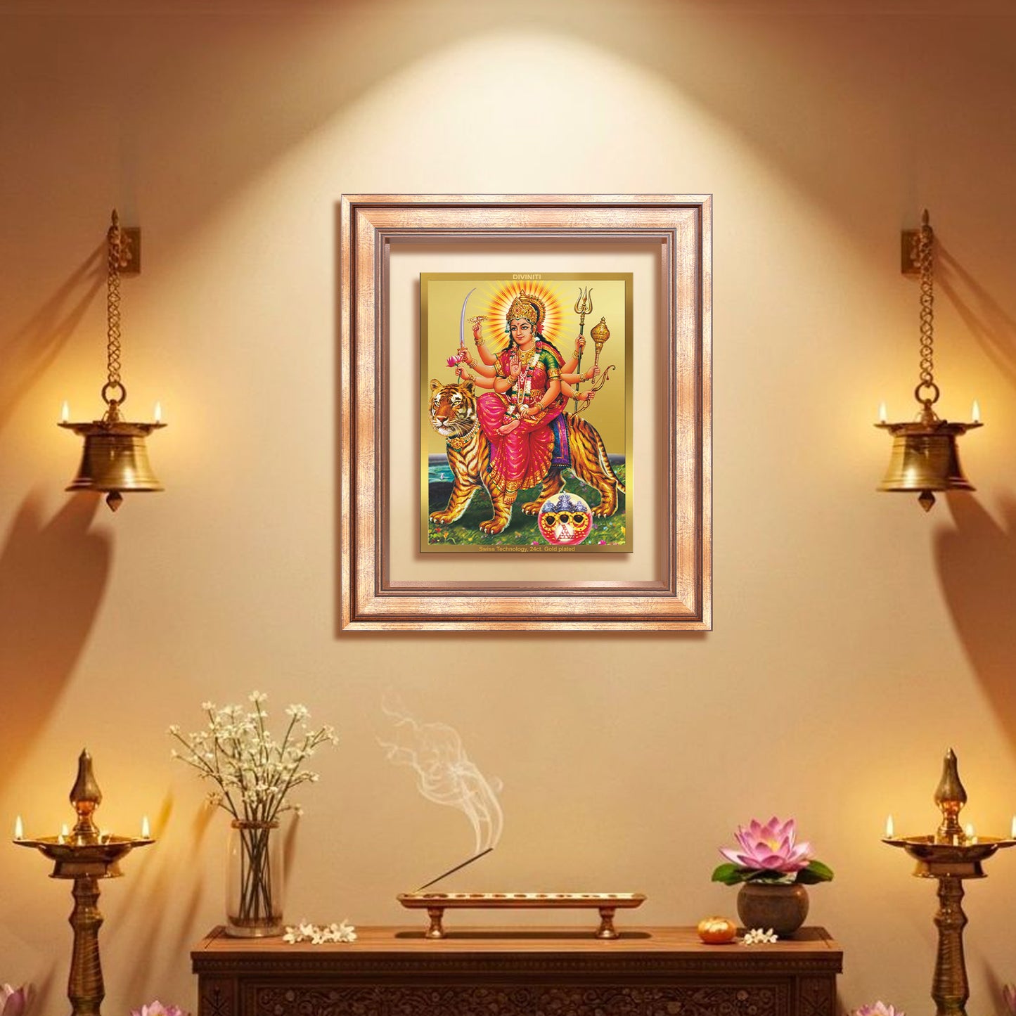 Diviniti 24K Gold Plated Durga - Sherawali Mata With Pind (Classic) Divine Wall Frame for Home Mandir & Office Decor | Luxury Spiritual Gift