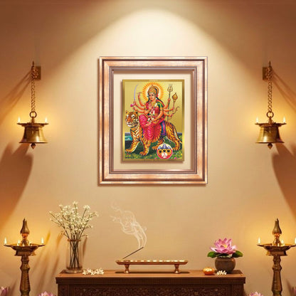 Diviniti 24K Gold Plated Durga - Sherawali Mata With Pind (Classic) Divine Wall Frame for Home Mandir & Office Decor | Luxury Spiritual Gift