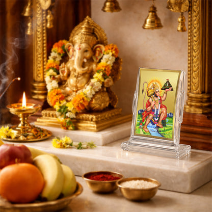 24K Gold-Plated Hanuman Carrying Sanjeevani Mountain Acrylic Car Dashboard Frame | 11x7 CM