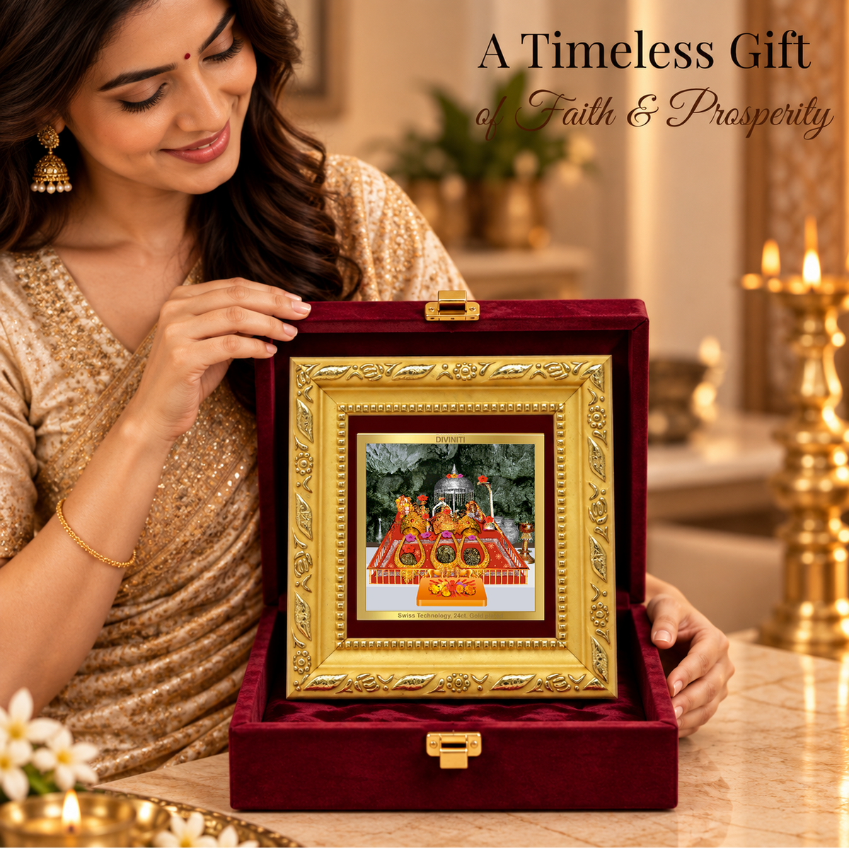 24K Gold-Plated Vaishno Devi Mata Ka Darbar Frame | Premium Gift Box | 10x10 CM