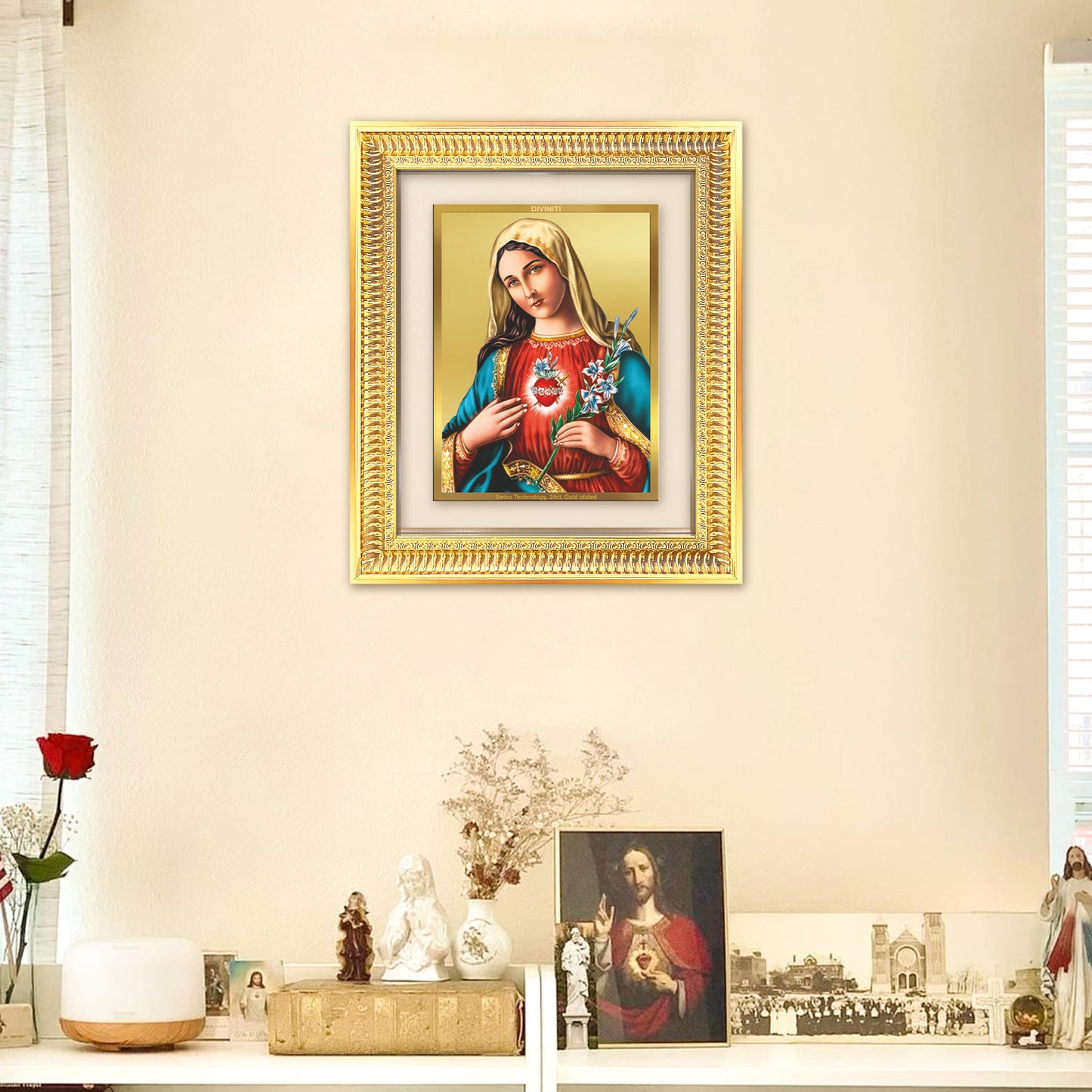Diviniti 24K Gold Plated Mother Mary (Classic) Divine Wall Frame for Home Mandir & Office Decor | Luxury Spiritual Gift