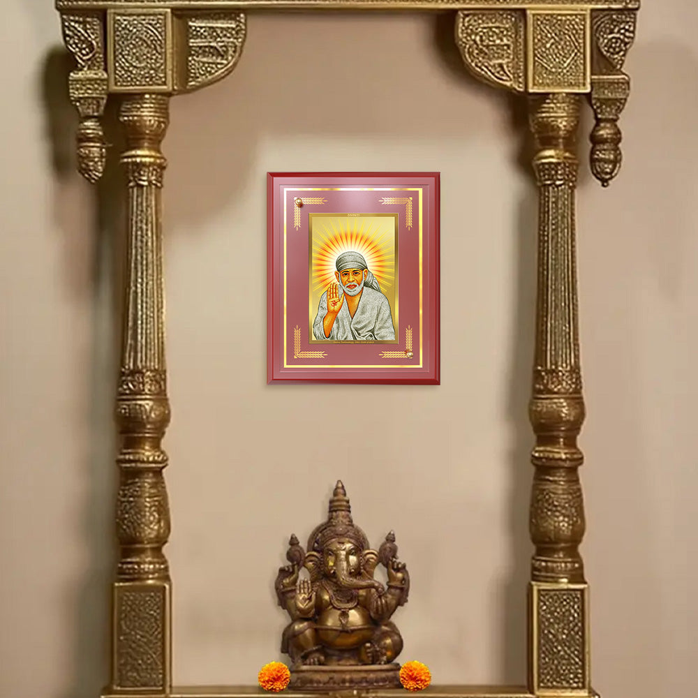 Diviniti 24K Gold Plated Sai Baba Blessing Pose Tabletop Photo Frame | Faith, Peace & Divine Grace