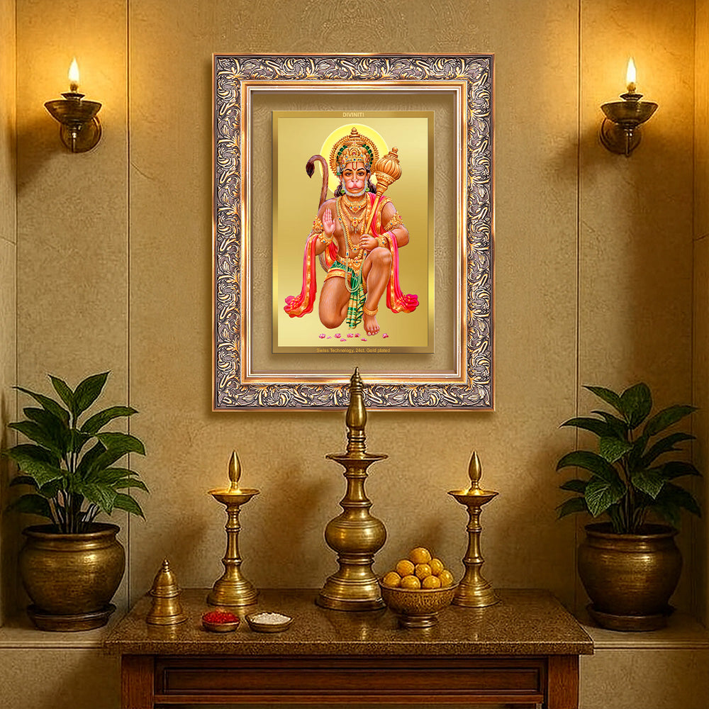 Diviniti 24K Gold Plated Hanuman With Blessings (Classic) Divine Wall Frame for Home Mandir & Office Decor | Luxury Spiritual Gift