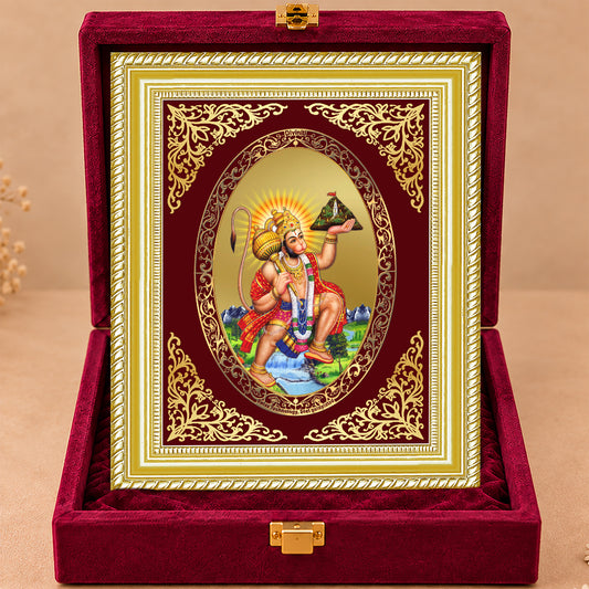 24K Gold-Plated Hanuman with Sanjeevani Mountain Frame | Premium Gift Box | 26x20 CM