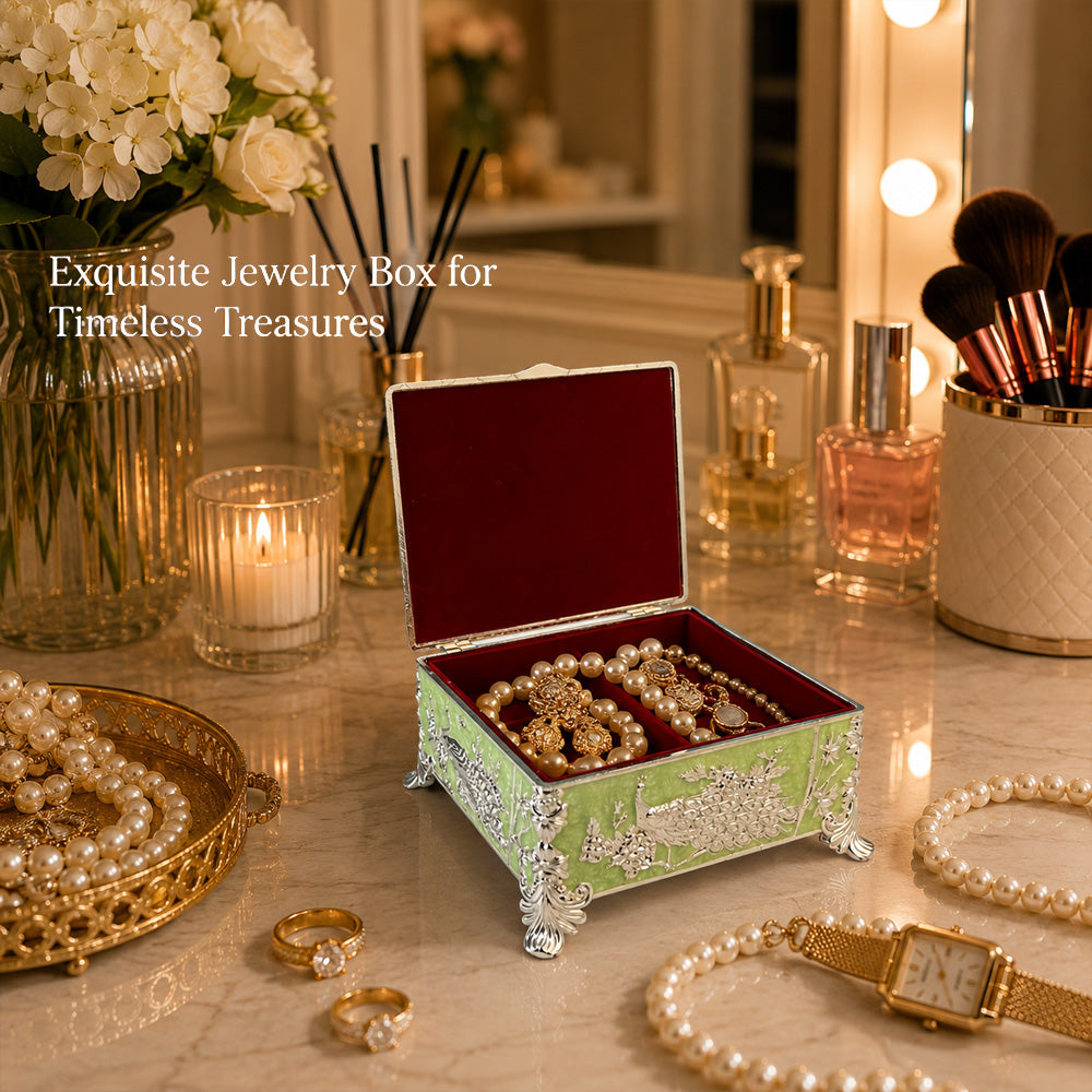 Diviniti Premium German Silver 2-Part Box | Green Enamel Dry Fruit & Sweet Box for Wedding & Festive Gifting