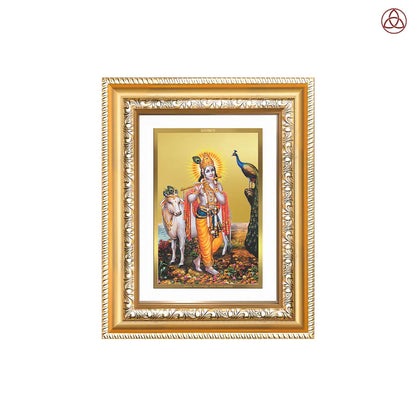Lord Krishna with Surbhi Cow | Divine Wall & Tabletop Photo Frame in 24K Gold Plated Foil