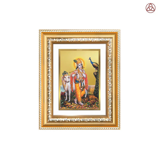 Lord Krishna with Surbhi Cow | Divine Wall & Tabletop Photo Frame in 24K Gold Plated Foil