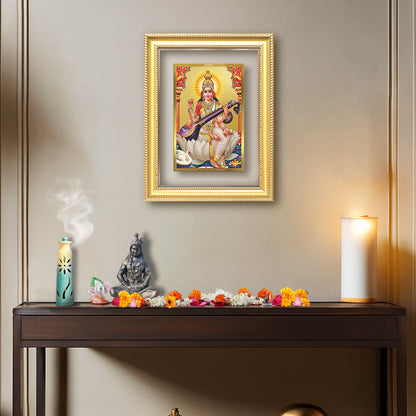 Diviniti 24K Gold Plated Saraswati Mata (Classic) Divine Wall Frame for Home Mandir & Office Decor | Luxury Spiritual Gift