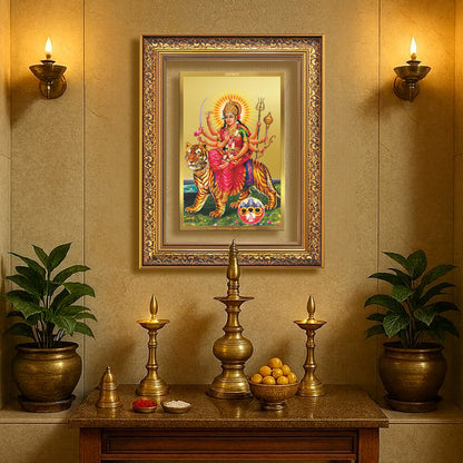 Durga Sherawali Mata with Pind | Divine Wall Mount Photo Frame in 24K Gold Plated Foil
