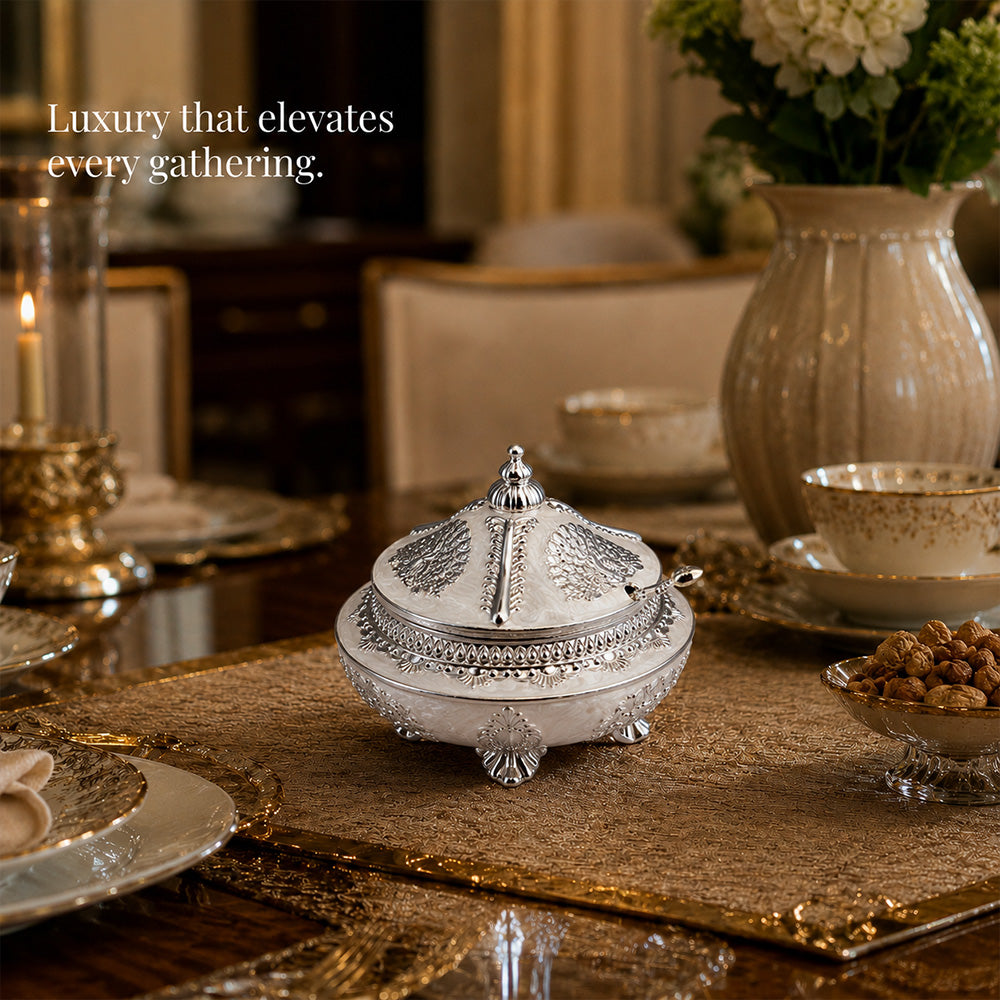 Diviniti Premium Silver-Plated Decorative Sugar Pot | White Enamel Lidded Bowl for Festive Serving & Home Décor