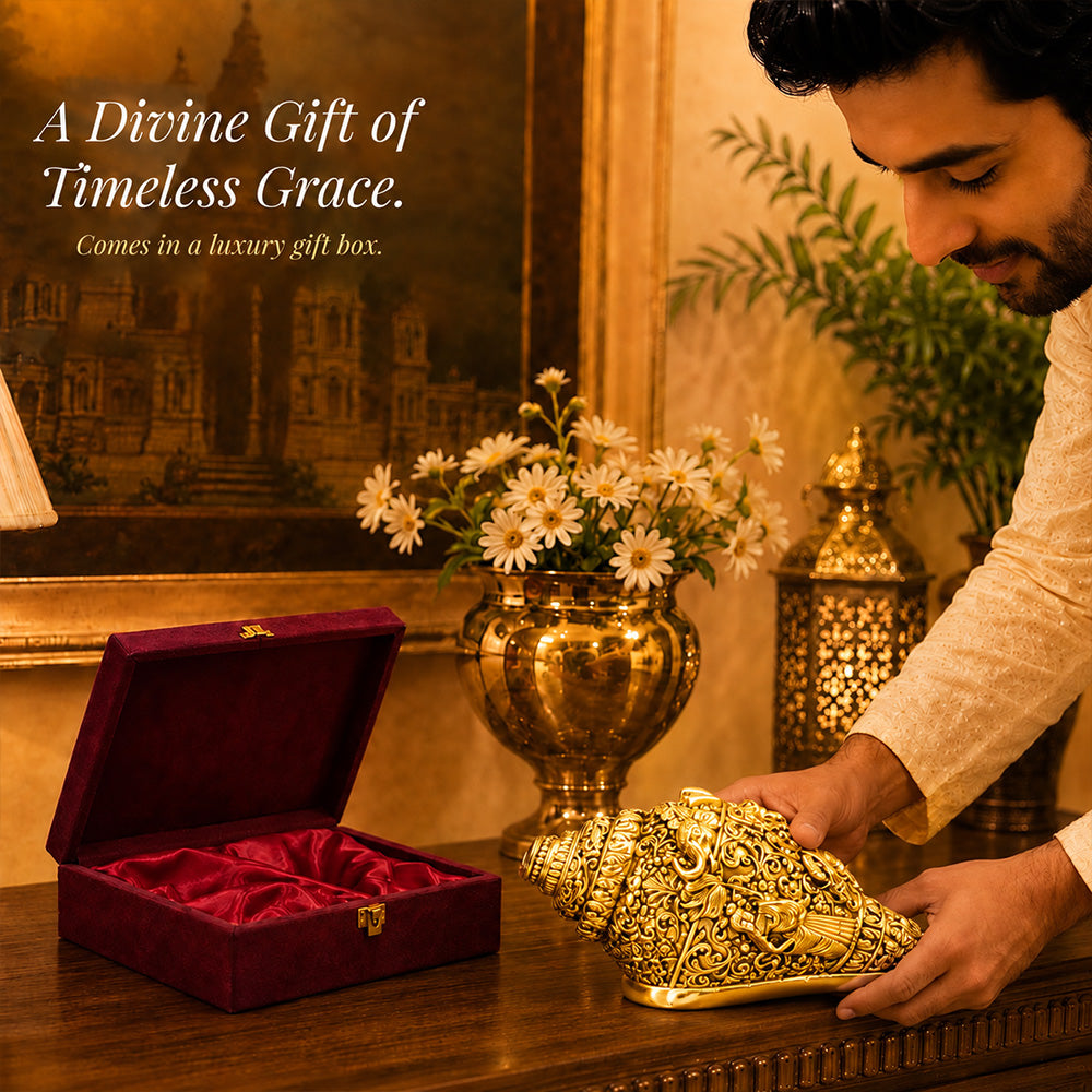 24K Gold-Plated Ganesha Shankh | Premium Gift Box | 14x8 CM