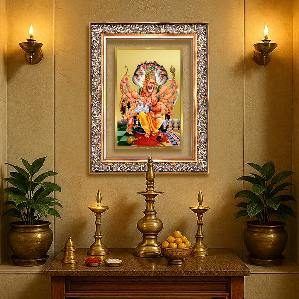 Diviniti 24K Gold Plated Narasimha (Classic) Divine Wall Frame for Home Mandir & Office Decor | Luxury Spiritual Gift