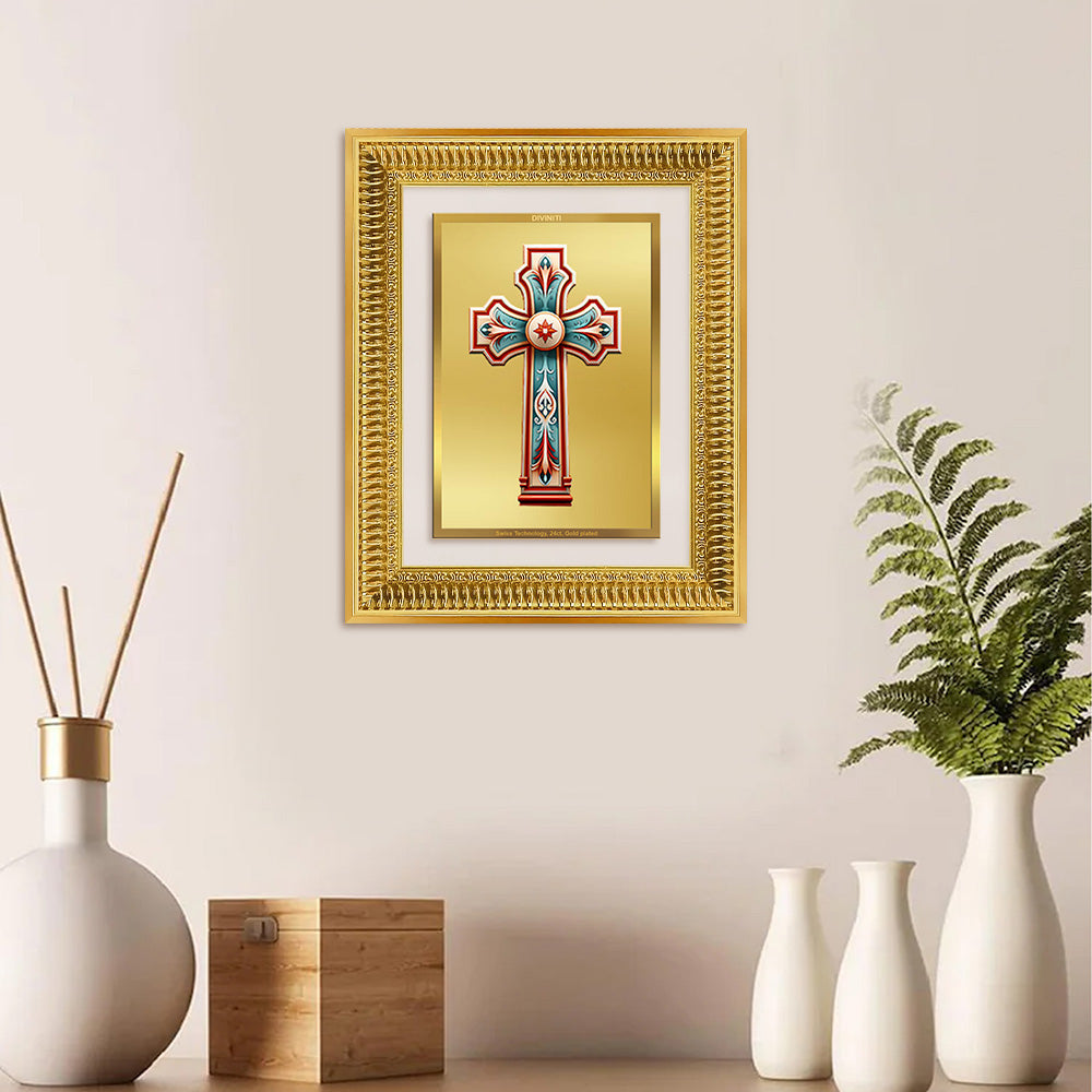 Diviniti 24K Gold Plated Holy Cross (Classic) Divine Wall Frame for Home Mandir & Office Decor | Luxury Spiritual Gift