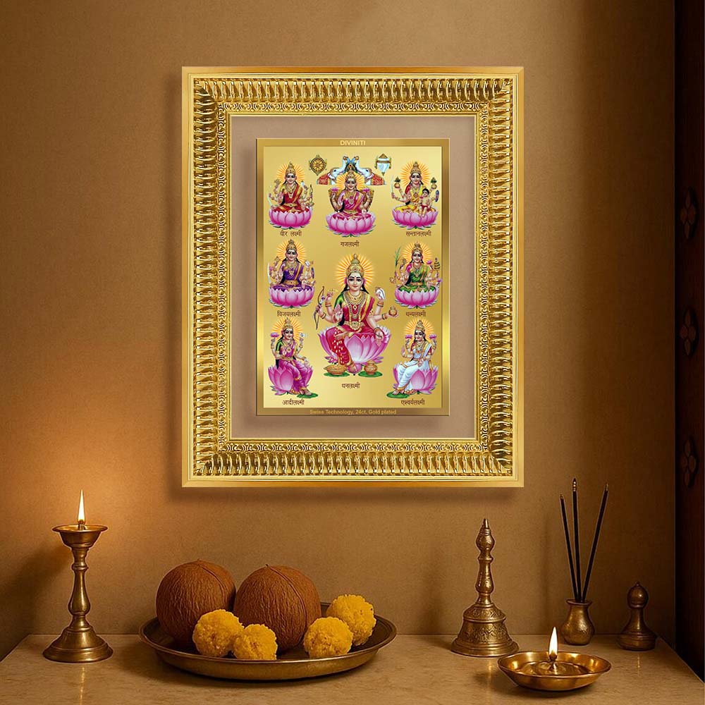Diviniti 24K Gold Plated Ashtalakshmi Divine Wall Frame for Home Mandir & Office Decor | Luxury Spiritual Gift