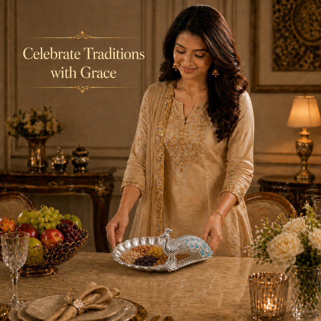 Diviniti Peacock German Silver Dry Fruit Bowl with Gift Box displayed elegantly on a dining table.