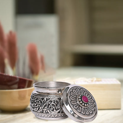 Pure Silver Serenity Box Red Eye Studded, Antique Vintage Design, Handcrafted Jewelry Storage (8x6x7 cm, 136g,)