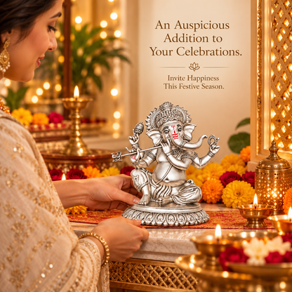 999 Silver-Plated Antique Bansuri Ganesha Idol | Gift Box | 16x14 CM
