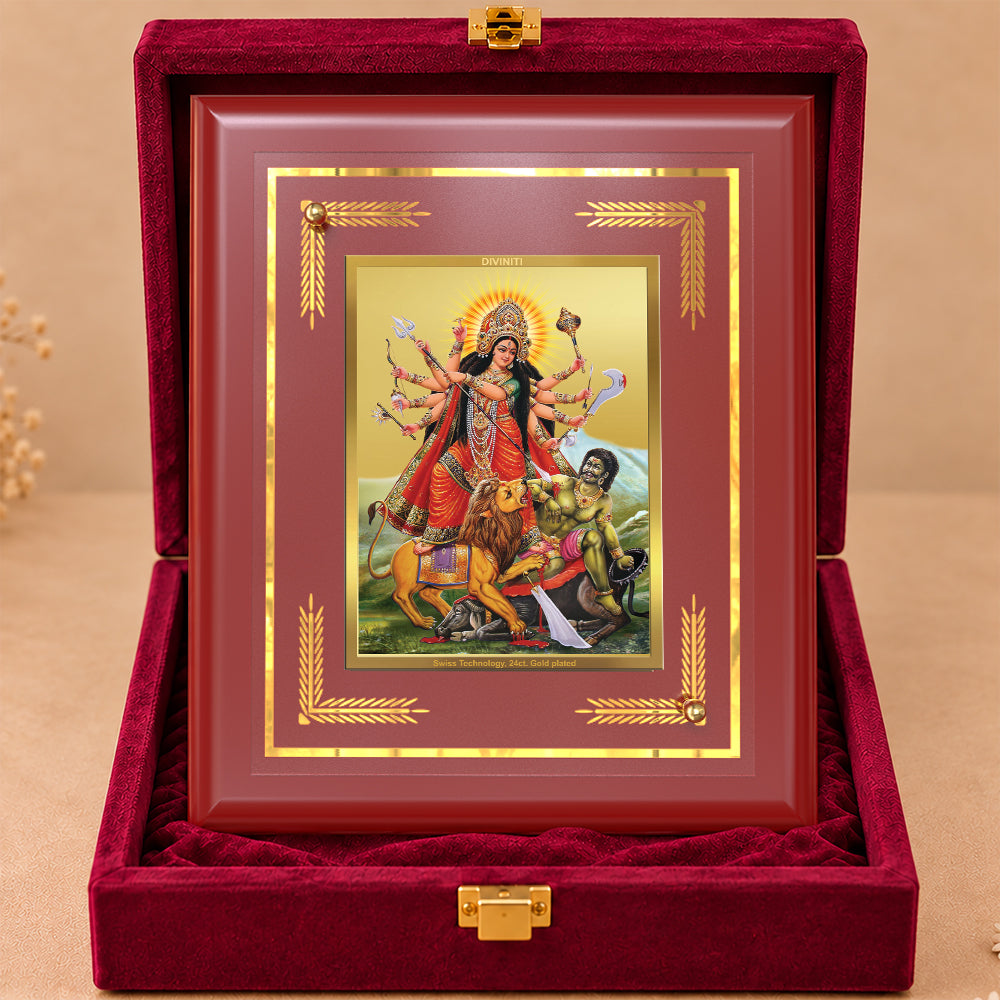 24K Gold-Plated Durga Mahishasura Mardini MDF Frame | Premium Gift Box | 13.5x16 CM