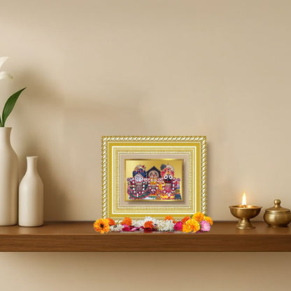 Diviniti 24K Gold Plated Jagannath Subhadra Balabhadra Divine Table Top Frame for Home Mandir & Office Decor | Luxury Spiritual Gift