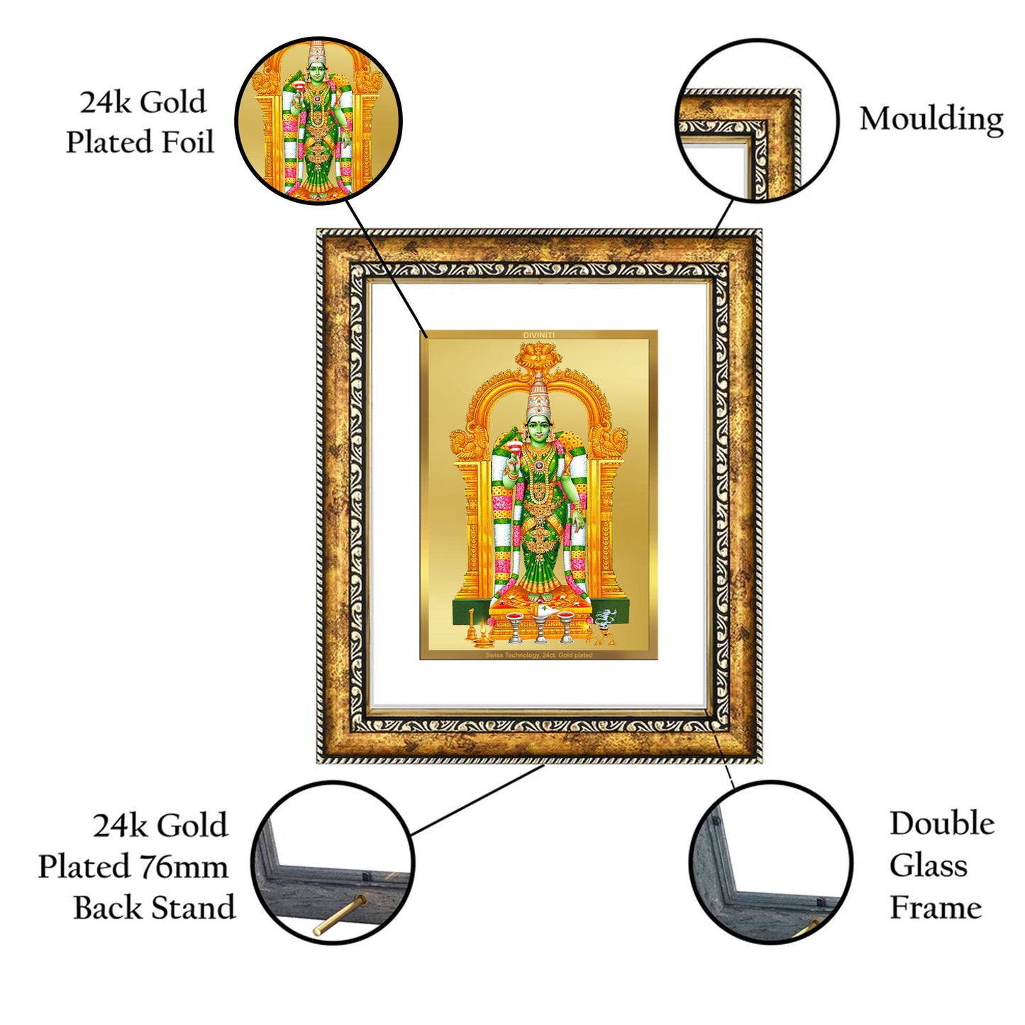 DIVINITI 24K Gold Plated Foil Meenakshi Wall Photo Frame for Home Decor, Wall Hanging, Table Top, Puja Room & Gift DG113S3 (27.6X35.4 CM)