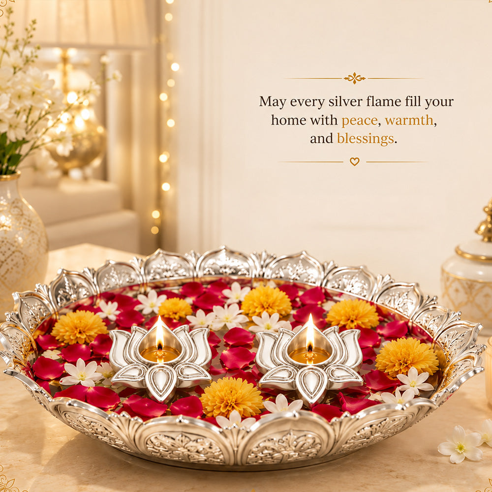 999 Silver-Plated Lotus Diya Pair | Premium Gift Box | 8x8 CM