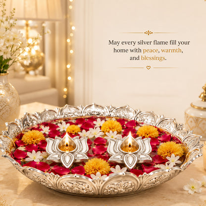 999 Silver-Plated Lotus Diya Pair | Premium Gift Box | 8x8 CM