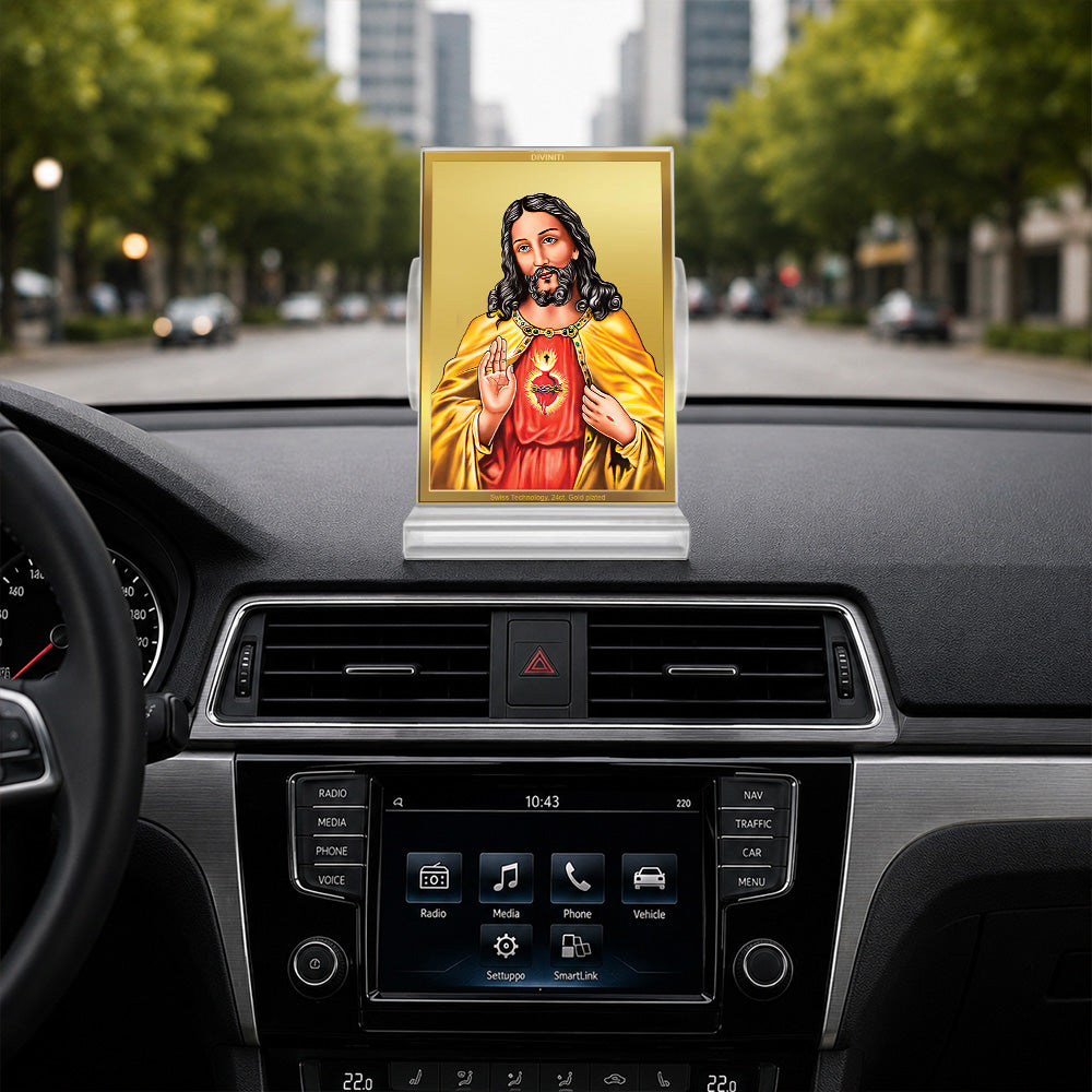 24K Gold-Plated Jesus Christ Acrylic Car Dashboard Frame | 11x7 CM