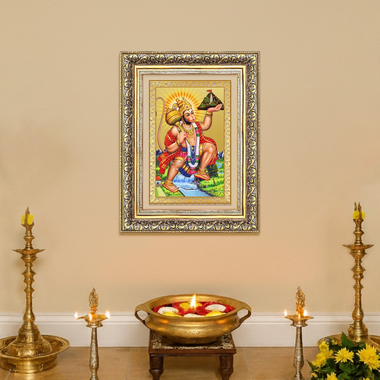 Diviniti 24K Gold Plated Hanuman With Mountain (Classic) Divine Wall Frame for Home Mandir & Office Decor | Luxury Spiritual Gift