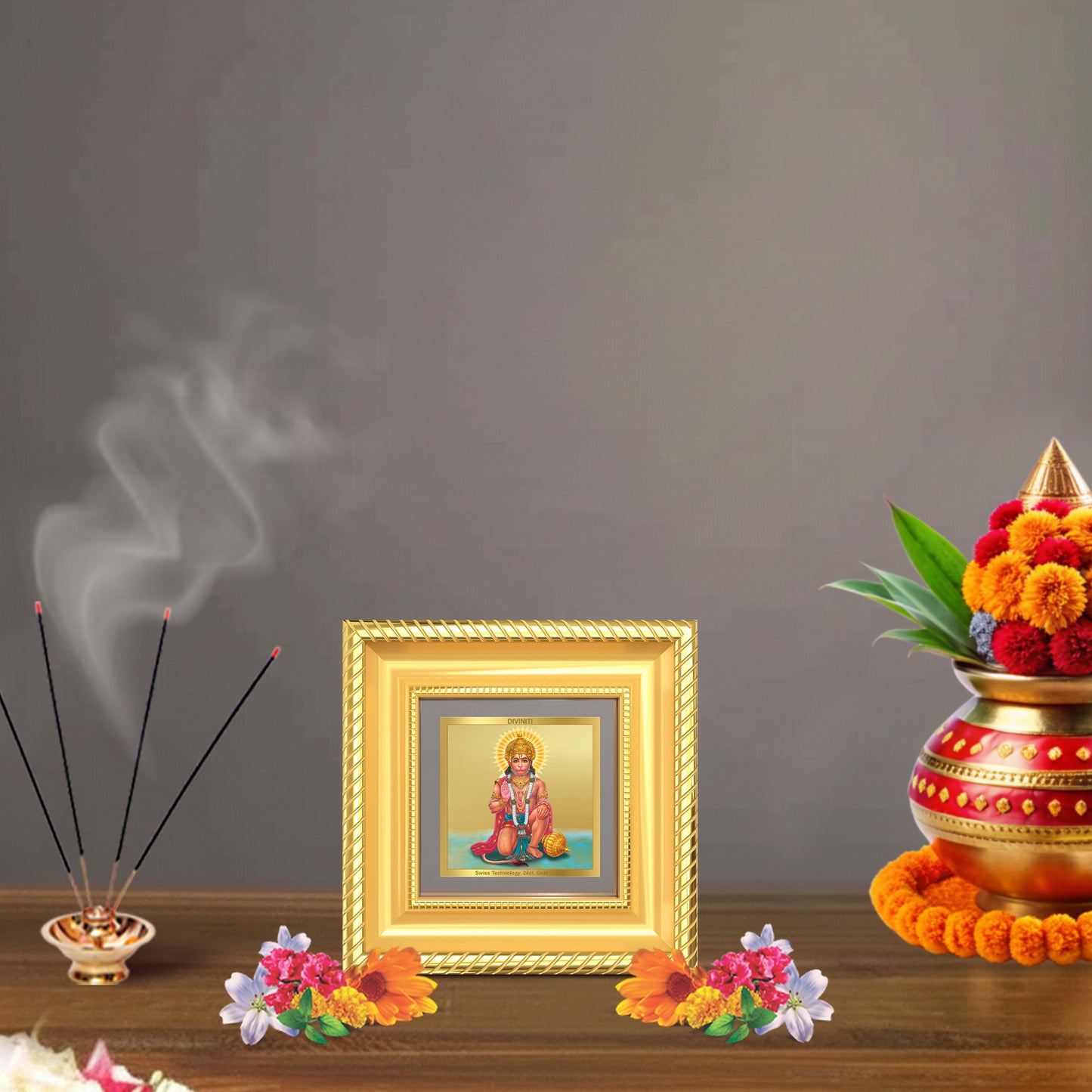 Diviniti Ashirwad Hanuman Tabletop Photo Frame in 24K Gold Plated Foil | Protection, Strength & Divine Blessings | DG015S1A (10x10 CM)