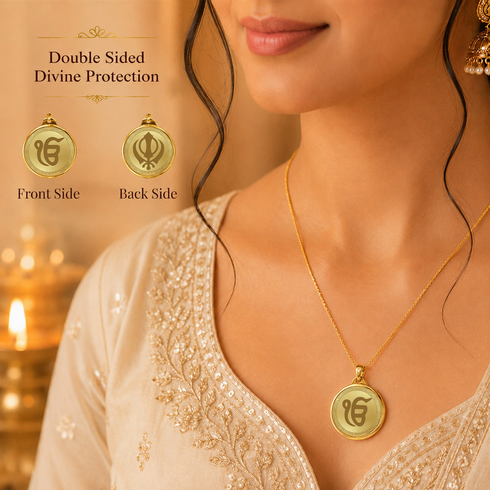 Diviniti 24K Double Sided Gold Plated Pendant Ik Onkar & Khanda Sahib | 22 MM Flip Coin (1 PCS)