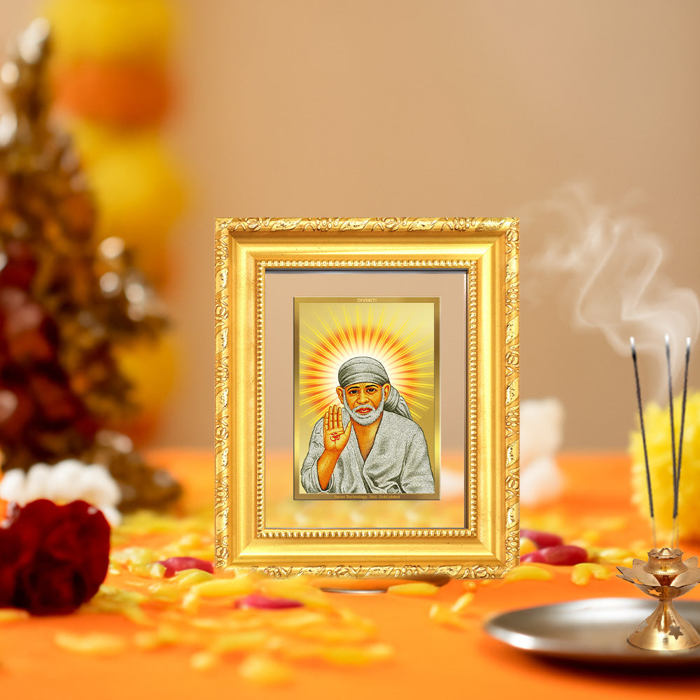 Diviniti 24K Gold Plated Sai Baba With Blessings |Divine Table Top Frame for Home Mandir & Office Decor | Luxury Spiritual Gift