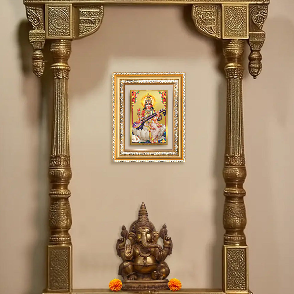 Diviniti 24K Gold Plated Saraswati Mata (Classic) Divine Wall and Table Top Frame for Home Mandir & Office Decor | Luxury Spiritual Gift