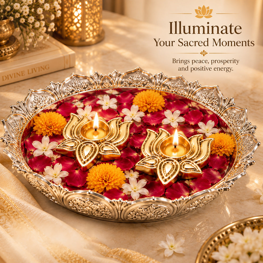 999 Gold-Plated Lotus Diya Pair | Premium Gift Box | 8x8 CM