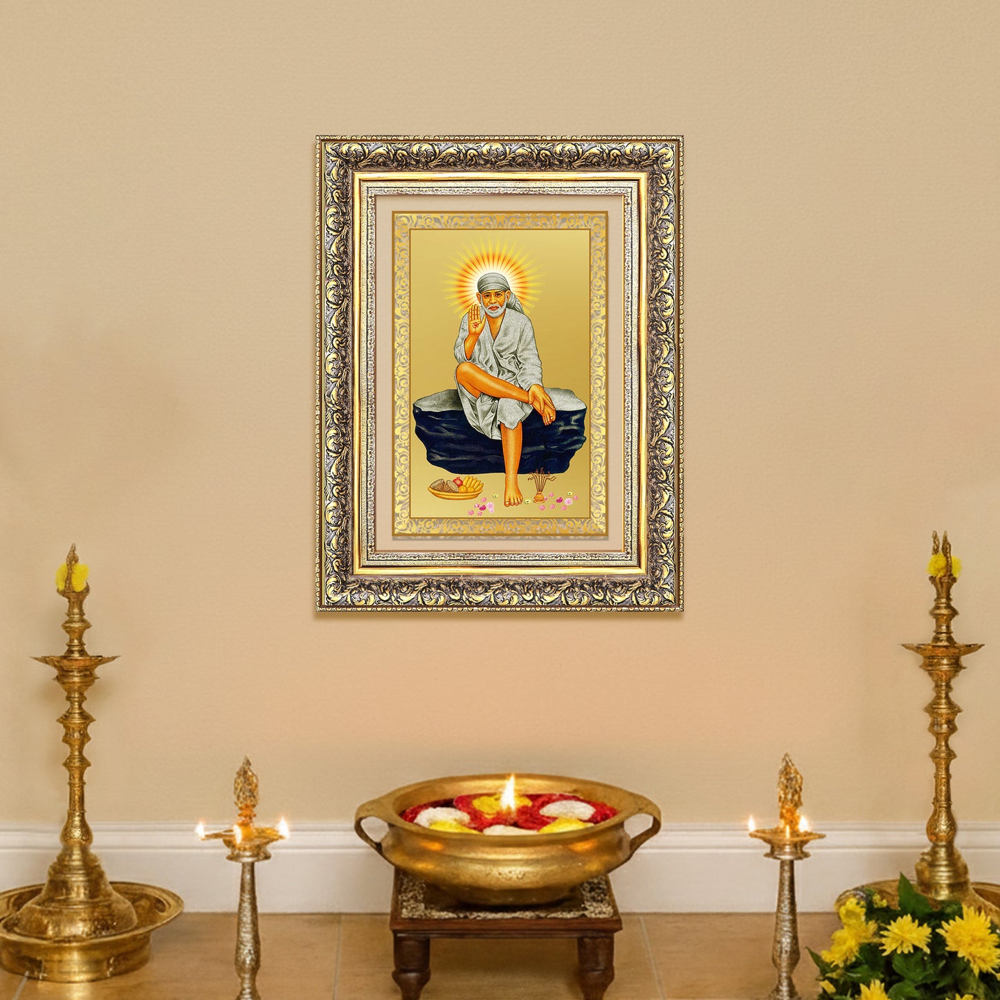 Diviniti 24K Gold Plated Sai Baba (Classic) Divine Wall Frame for Home Mandir & Office Decor | Luxury Spiritual Gift