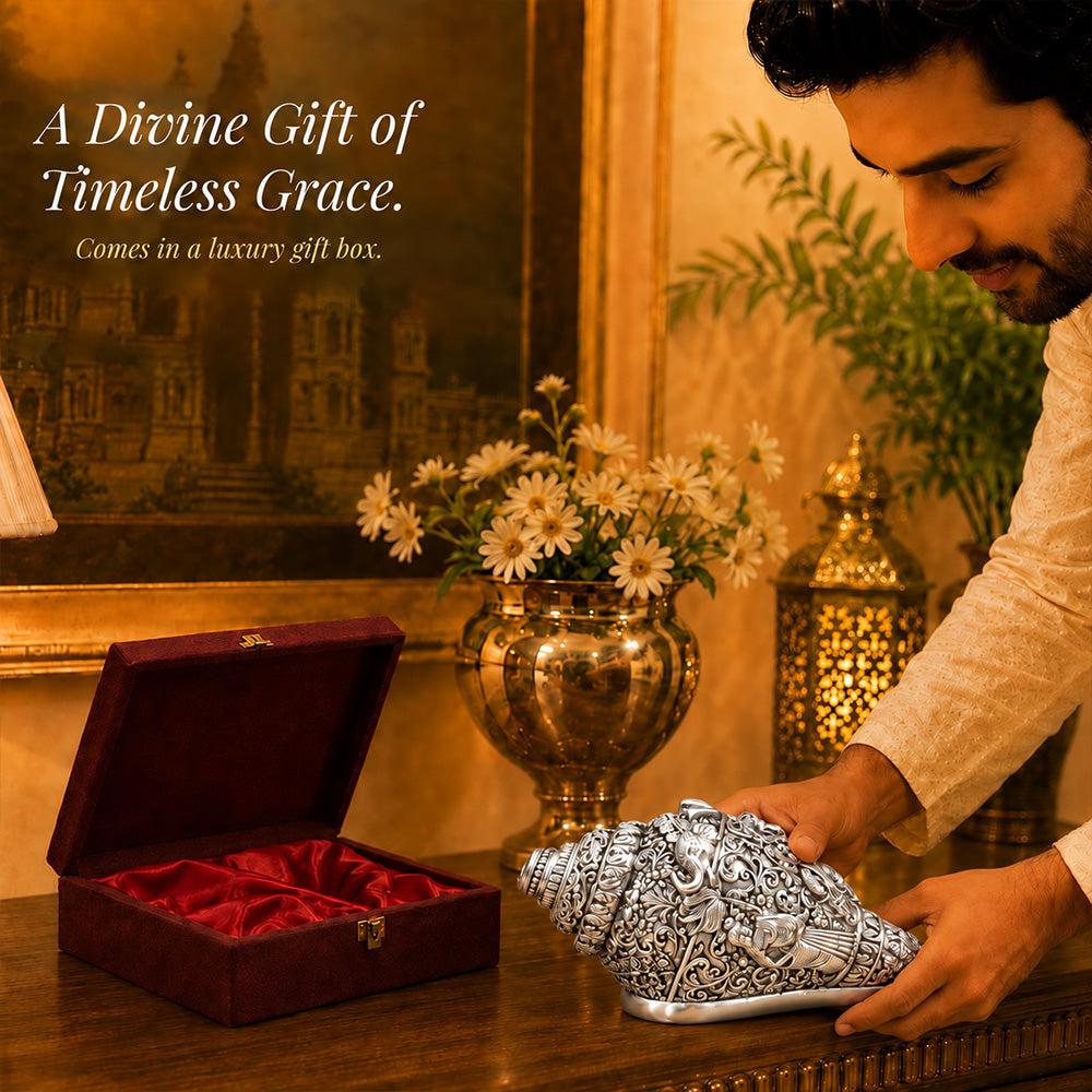 999 Silver-Plated Ganesha Shankh | Premium Gift Box | 14x8 CM