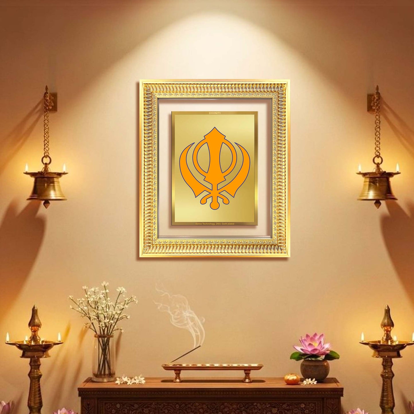 Diviniti 24K Gold Plated Khanda Sahib (Classic) Divine Wall Frame for Home Mandir & Office Decor | Luxury Spiritual Gift