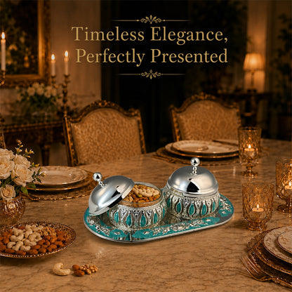 Diviniti Silver-Plated 2 Bowl Serving Set with Tray & Lids | Turquoise Enamel Decorative Dry Fruit & Mukhwas Bowls for Premium Gifting