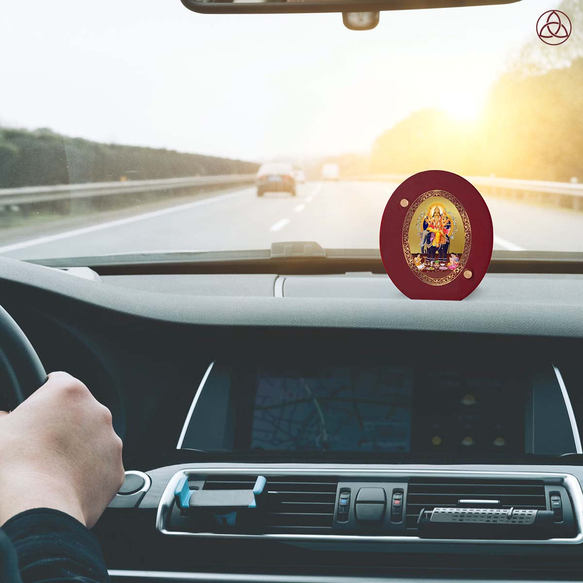 Vishwakarma Car Dashboard Photo Frame in 24K gold-plated foil, enhancing spiritual presence while driving.