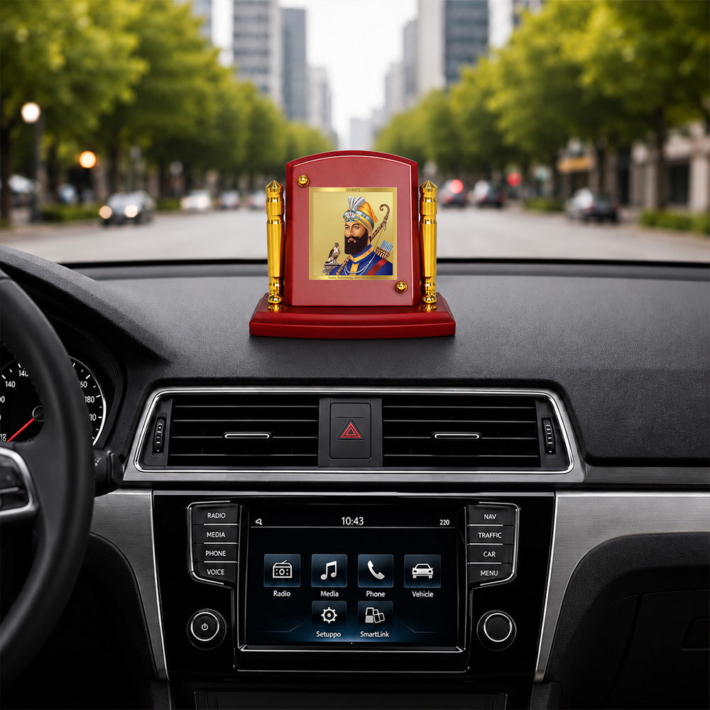 24K Gold-Plated Guru Gobind Singh Ji MDF Car Dashboard Frame | 7.5x9 CM