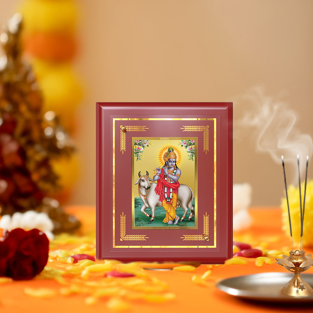 Diviniti 24K Gold Plated Lord Krishna with Surbhi Cow Blessing Tabletop Photo Frame | Love, Compassion & Divine Grace
