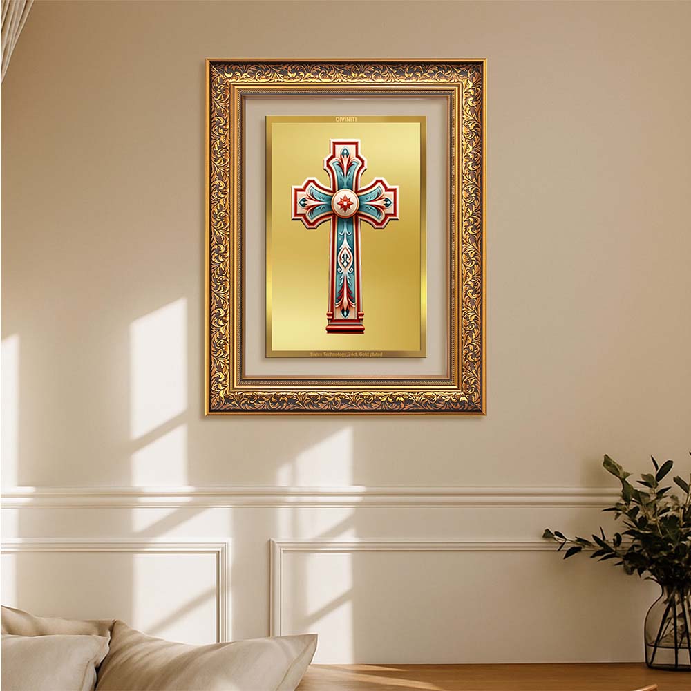 Diviniti 24K Gold Plated Holy Cross (Classic) Divine Wall Frame for Home Mandir & Office Decor | Luxury Spiritual Gift