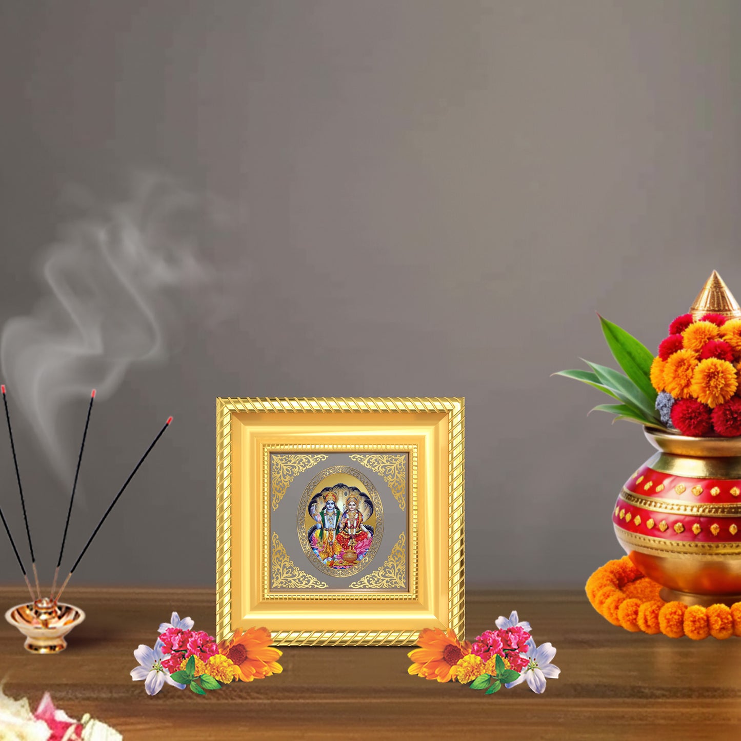 Vishnu Lakshmi | Divine Sacred Couple Royal Tabletop Photo Frame in 24K Gold Plated Foil