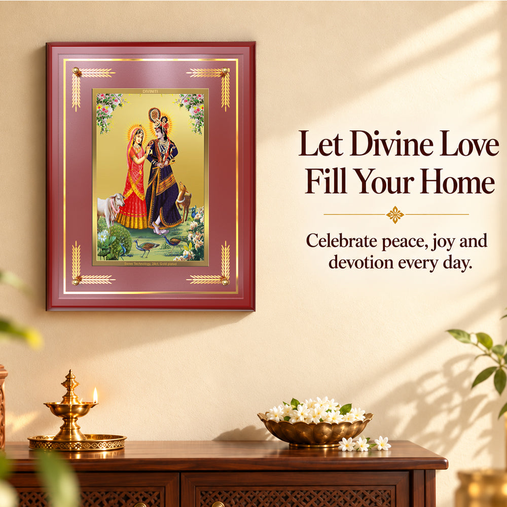 24K Gold-Plated Radha Krishna with Cow MDF Frame | Premium  Gift Box | 27x35 CM